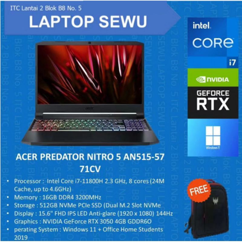 ACER PREDATOR NITRO 5 AN515-57-71CV CORE i7-11800H 16GB 512GB SSD RTX3050 4GB WIN11
