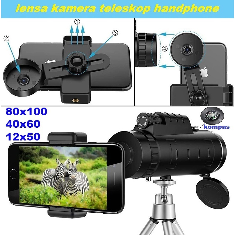 Kamera lensa Teleskop Handphone kompas fullset 80X100 40X60 12X50 HD Teleskop Monokuler Daya Tinggi
