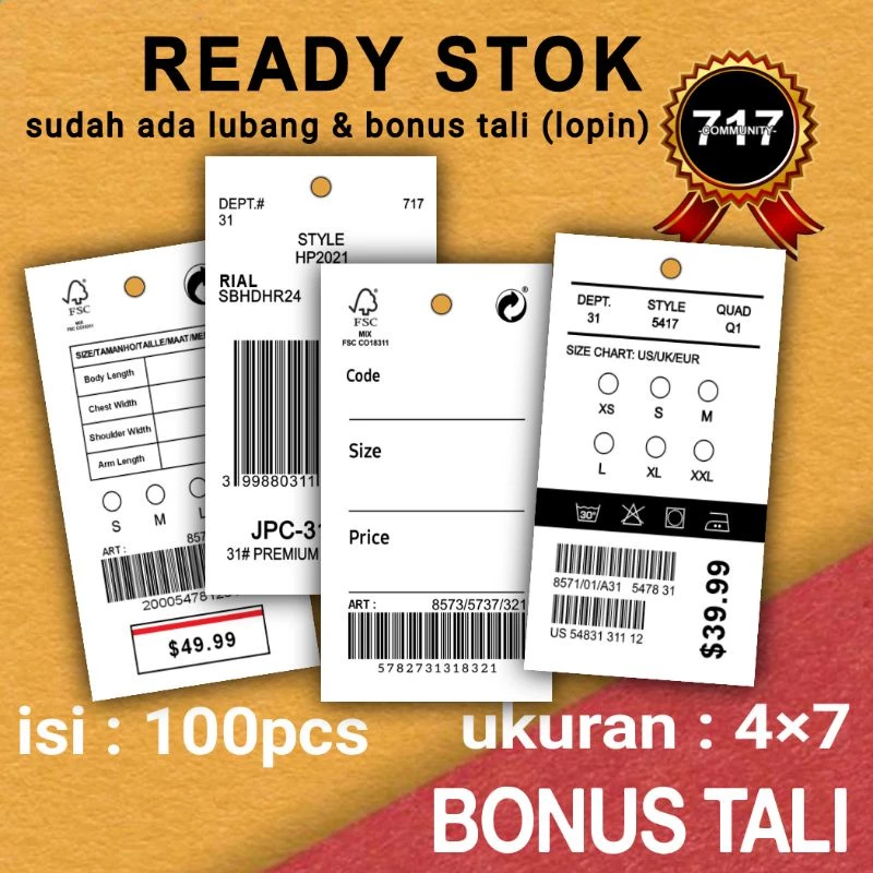 

Label baju 4x7 BONUS TALI hang tag label baju murah hangstag tag gun hentek merk baju