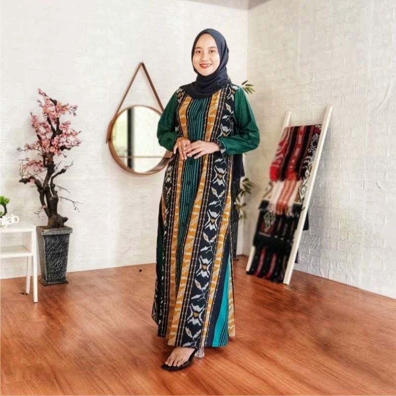 ( READY STOCK ) Set Gamis Tenun Ikat Etnik - Gamis Tenun Troso - Kemeja Tenun - Baju Tenun Couple Ga