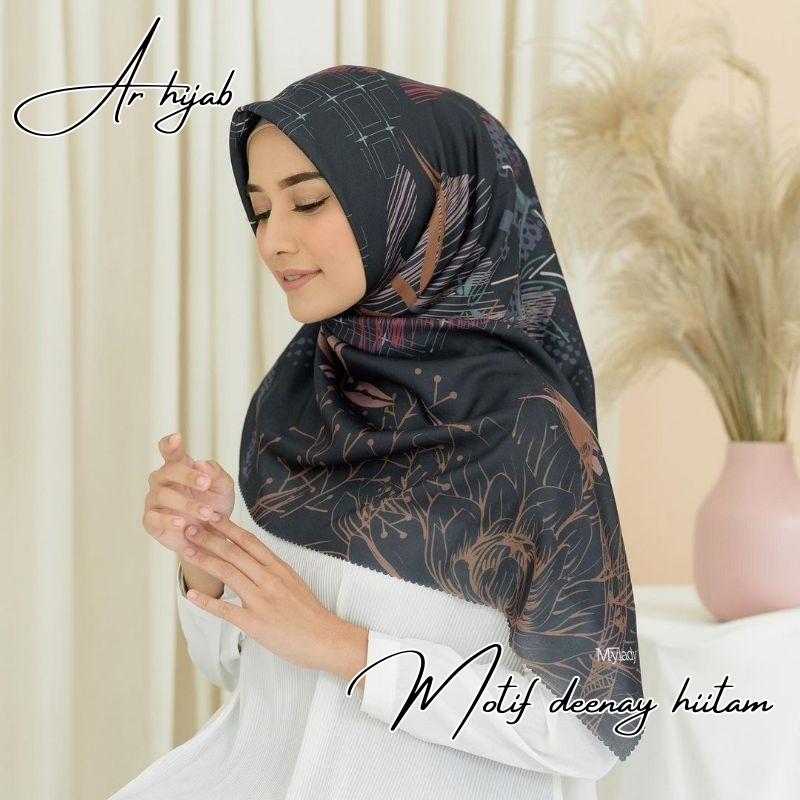 Kerudung Segi Empat Hijab Voal Motif Premium Deenay Hitam Kw Lasercut