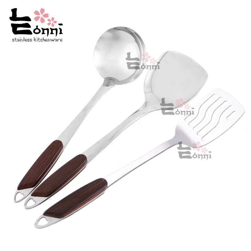 EONNI - Spatula 555 SET stainless isi 3 sodet centong sendok kuah osengan kuali datar lubang alat ma