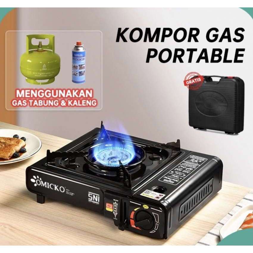 Kompor 2 IN 1 Kompor Gas Portable OMICKO Fungsi Gas Kaleng Dan Gas Tabung Lengkap Dengan LPG Connect