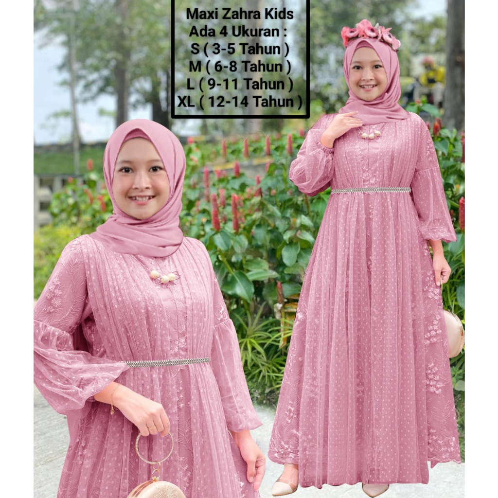 Pakaian Gamis Anak Perempuan Terbaru Maxi Zahra Kids Size 3-14 Tahun Matt Full Brokat Mutiara di Lap