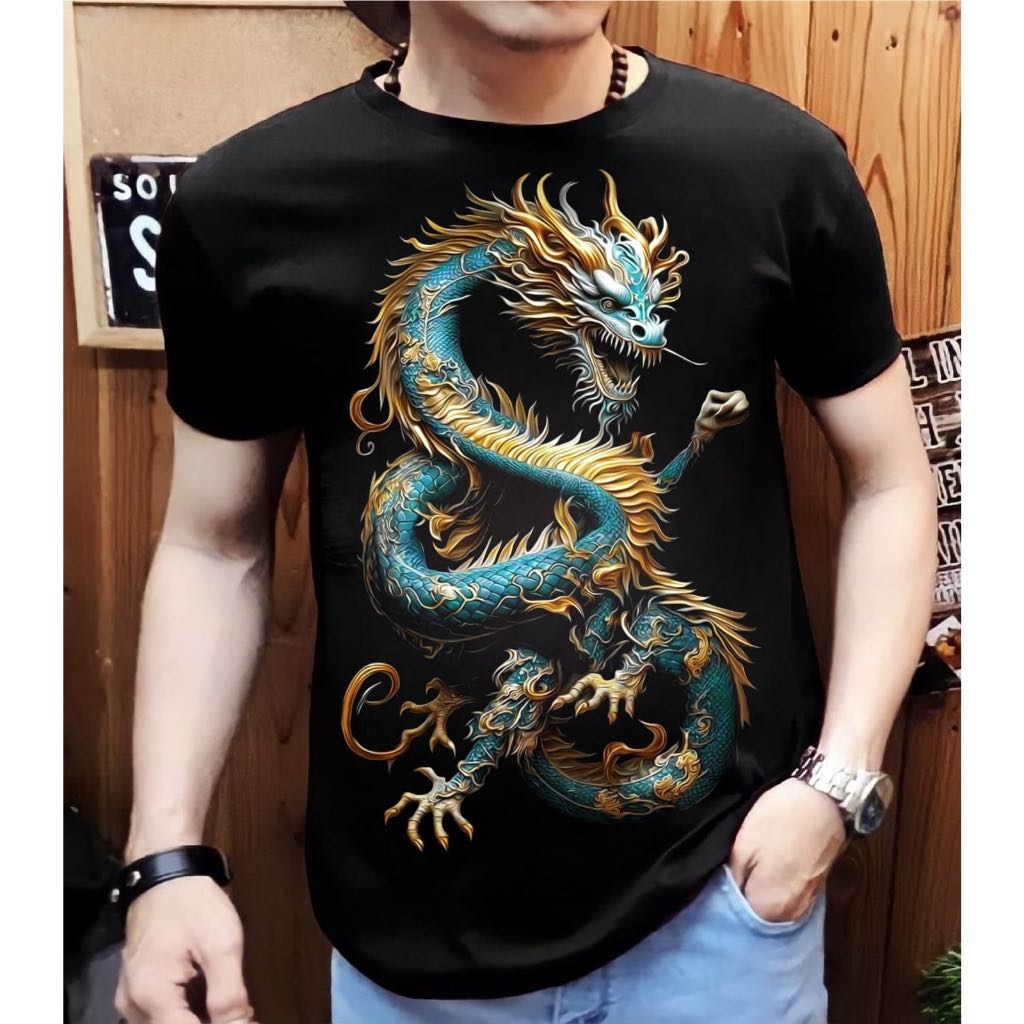 Kaos Distro Pria Black Motif Naga Raijin