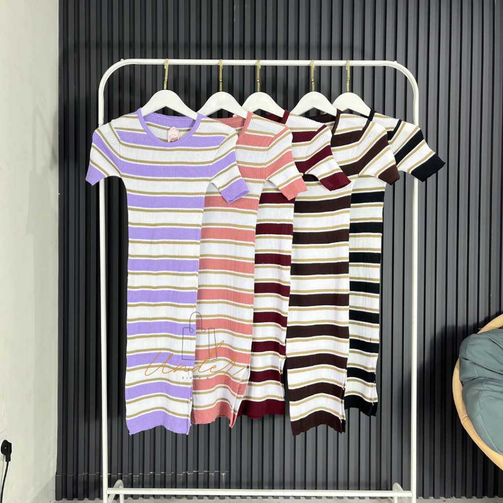 Midi Bodycon Dress Korean Style Rajut Motif Salur Slit