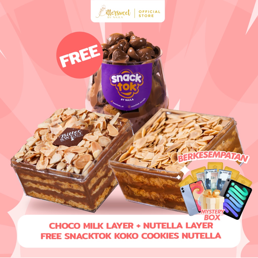 

DISKON BRANDS FESTIVAL Bittersweet by Najla Bundling Choco Milk Layer Nutella Layer Free Snacktok Koko Crunch Cookies Nutella