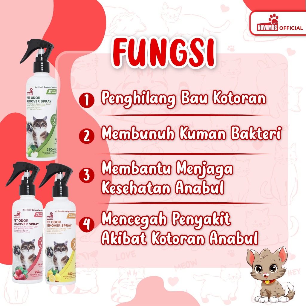 NOVAMOS Paket Odor Remover 250 ML + Refil 1 L - Penghilang Bau Kotoran Kucing dan Anjing Pet Odor Remover Spray Parfum Pewangi Pengharum Pasir Kucing Penghilang Bau Pesing Kandang Kucing