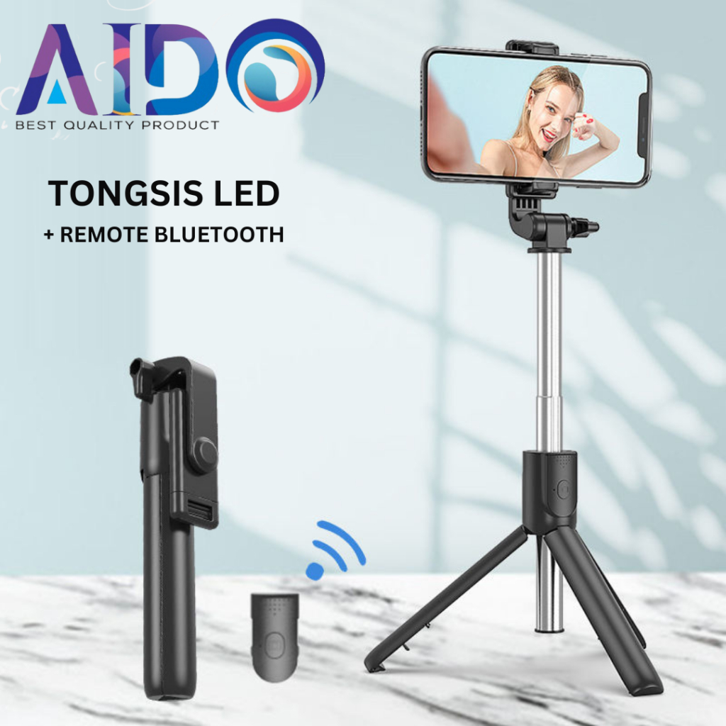 Tongsis Bluetooth Selfie Stick Tripod Plus LED Remote Bluetooth / Tripod Tongsis 3 in 1 Wireless / T