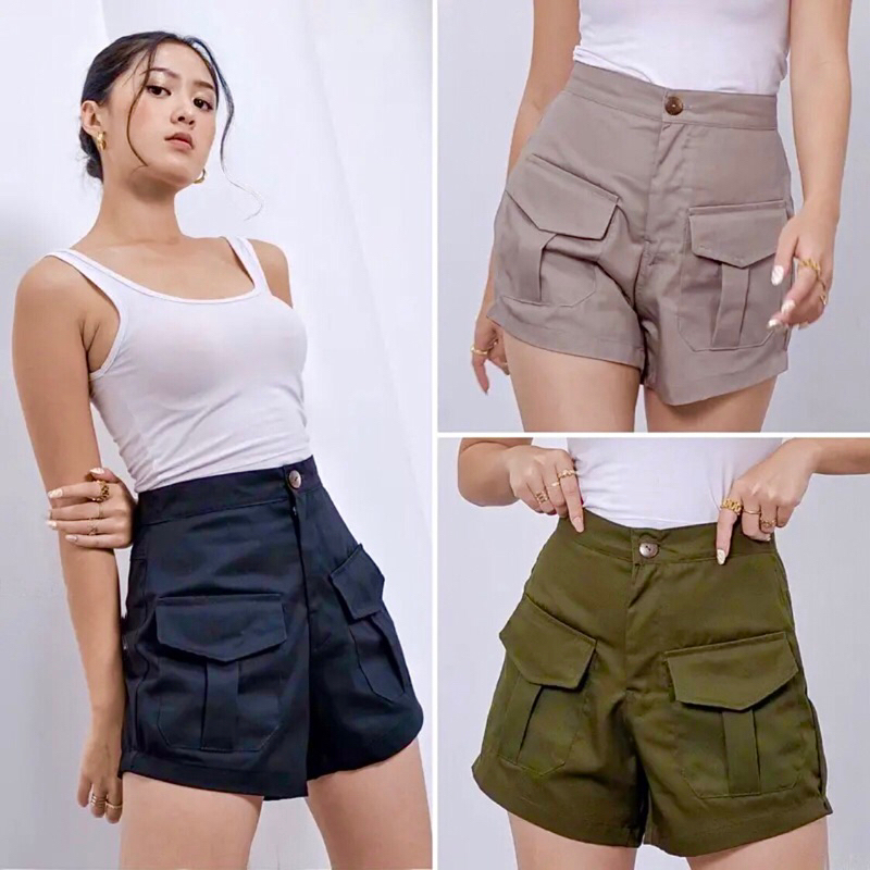 Hot pants Cargo Highwaist Celana Pendek Wanita Santai Katun Polos Low Waist