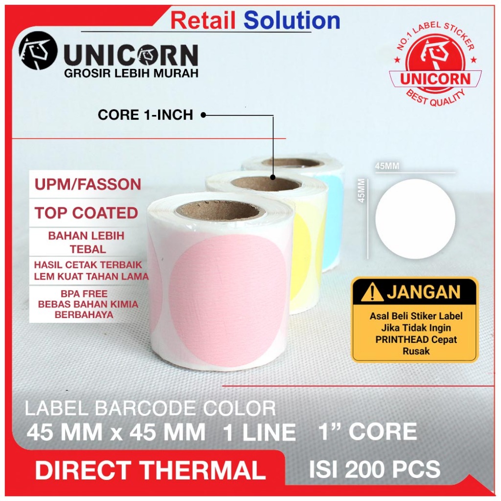 

UNICORN STIKER LABEL THERMAL BULAT WARNA - UK 45X45 45 X 45 MM SIAP KIRIM