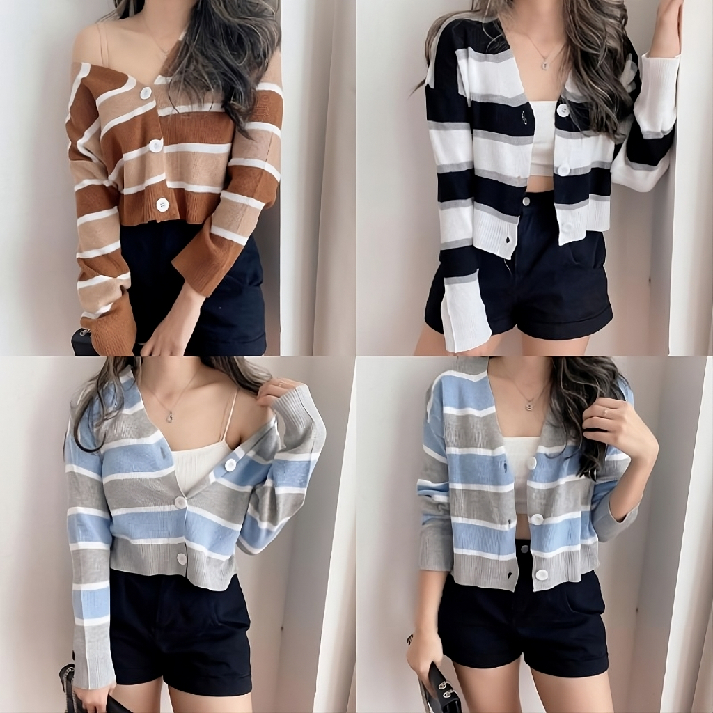 Kivie Cardigan - Korean Cardigan Crop - Knit Cardigan Stripe Korean