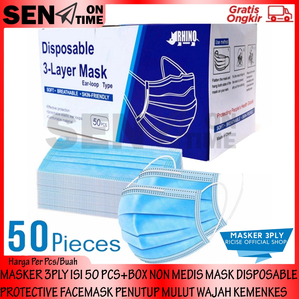 FACEMASK MASKER 3PLY ISI 50 PCS + BOX NON MEDIS BEDAH KESEHATAN KEMENKES MASK DISPOSABLE PROTECTIVE 