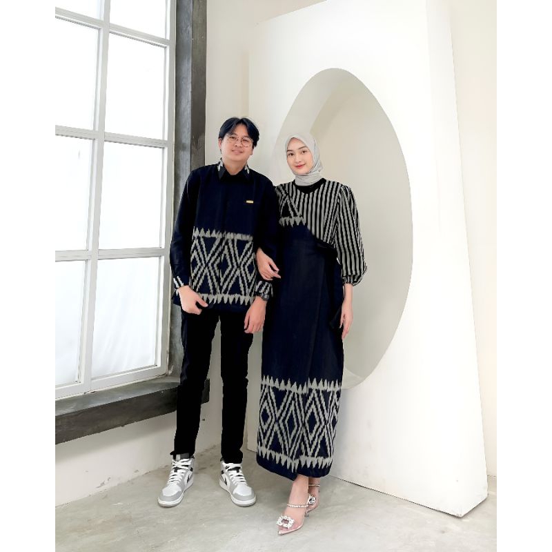 Baju Tenun Couple Kondangan Dress Marline Casy Kombinasi Lurik Kemeja Tenun Lengan Panjang Gamis
