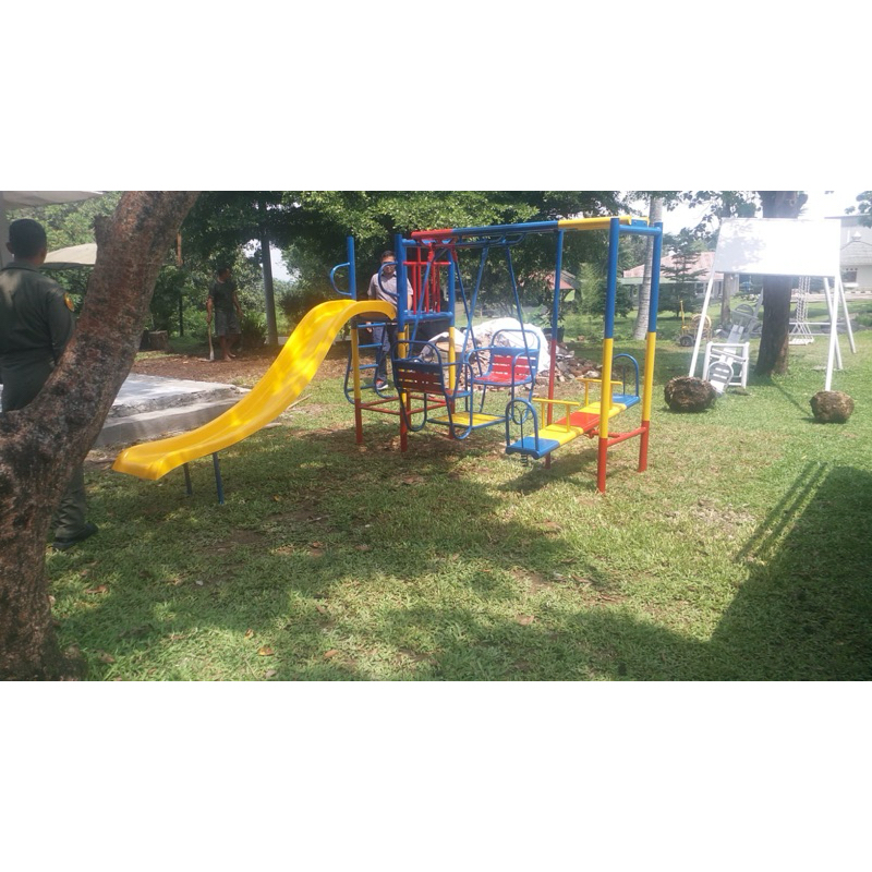 playground anak outdoor seluncuran ayunan jungkitan mainan set tiga