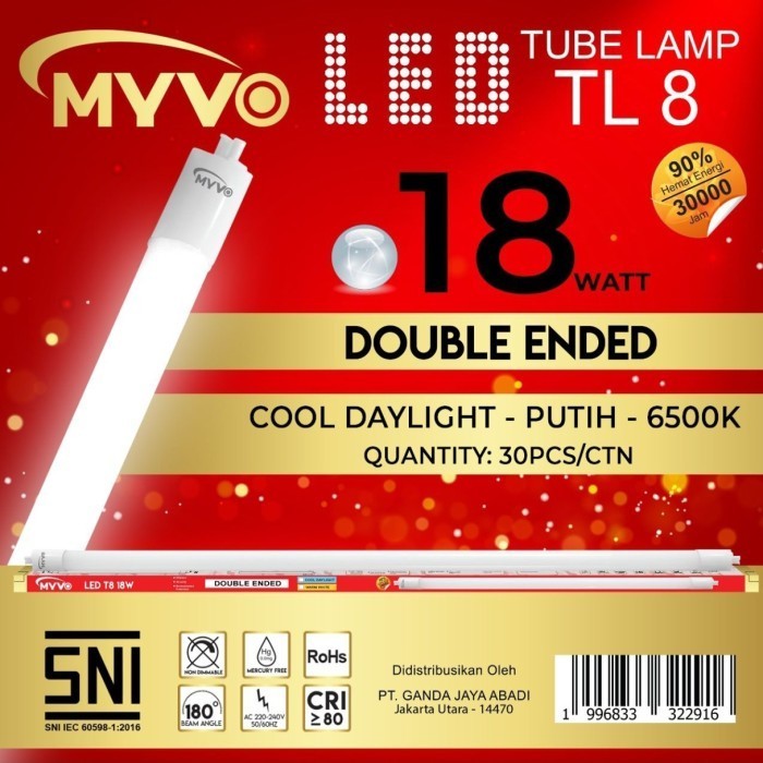 Lampu LED T8 Myvo 18 Watt Cahaya Putih (Cool Daylight)
