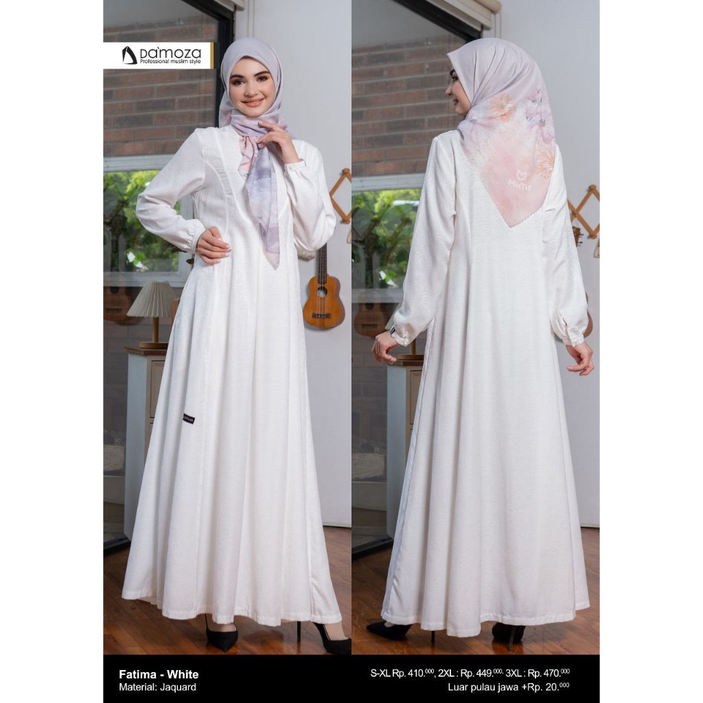 DAMOZA FATIMA WHITE PUTIH GAMIS POLOS ELEGANT BAHAN JAQUARD TERBARU PREMIUM COD