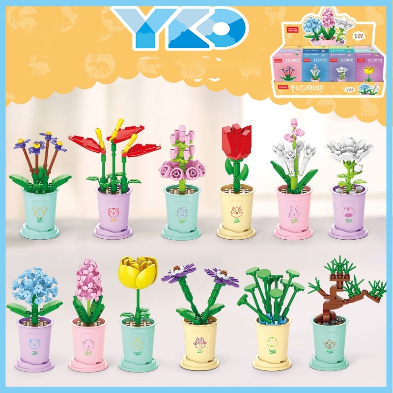 YKO Block Flower Bricks Bunga Pot Tanaman Blok Bangunan Mini Mainan Edukatif Bunga Zodiak Cina DIY B