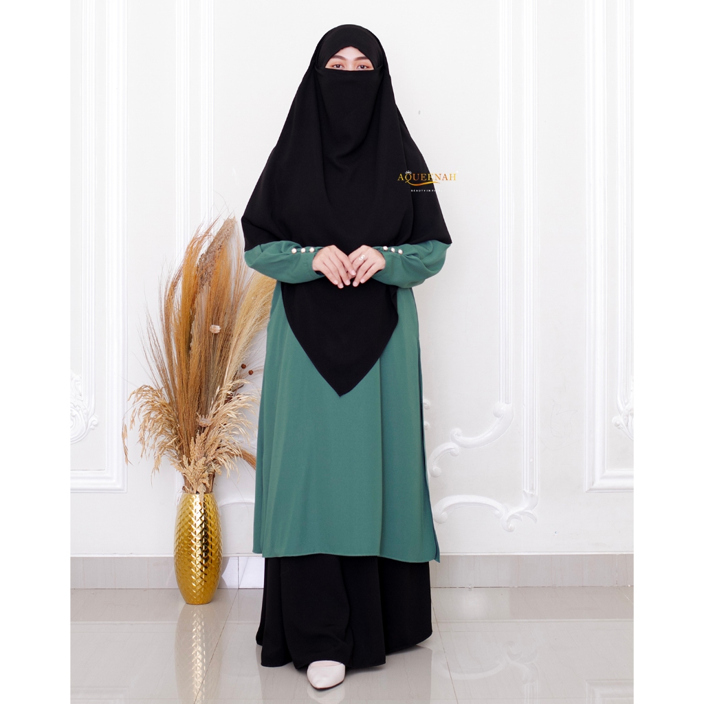 Aqueenah Tunik Dress set Rok dan French Khimar Hijau Tosca Premium - Tunik Syari warna hitam setelan gamis pesta