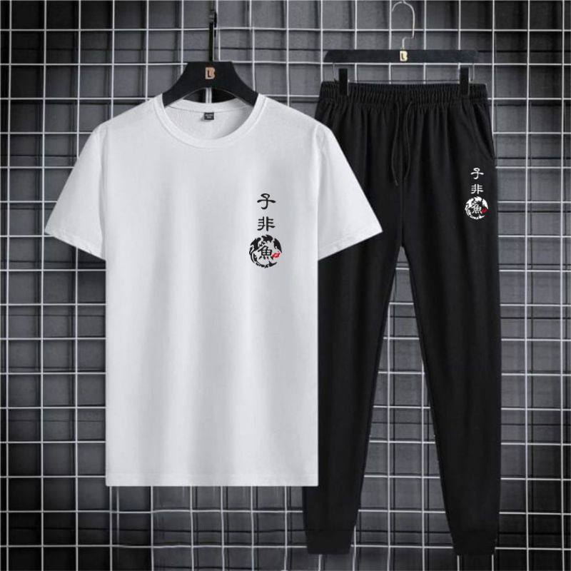 Set Pria Logo Kanji Bulat Terbaru II Setelan Pria Kaos Celana Jogger Kekinian II Set Kaos Celana Jog