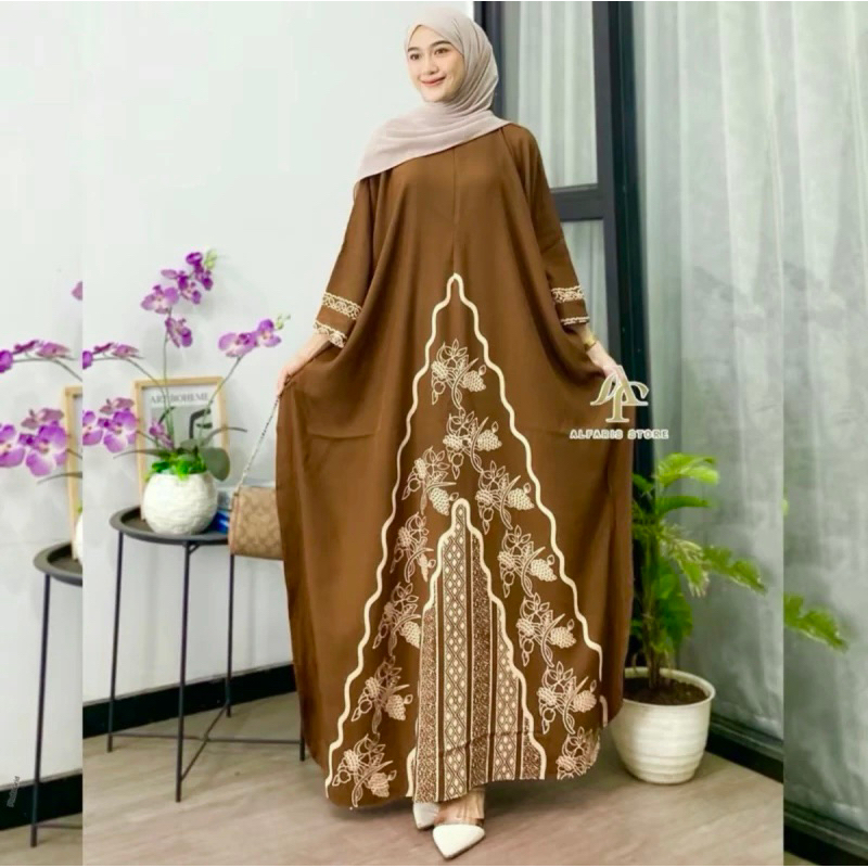 Kaftan Wanita - Daunda Kaftan Size Jumbo XXXXL Motif Daun Lengan Panjang Busui Resleting by Nadira_Fashion / Gamis Rayon Jumbo Kaftan Terbaru-India milo