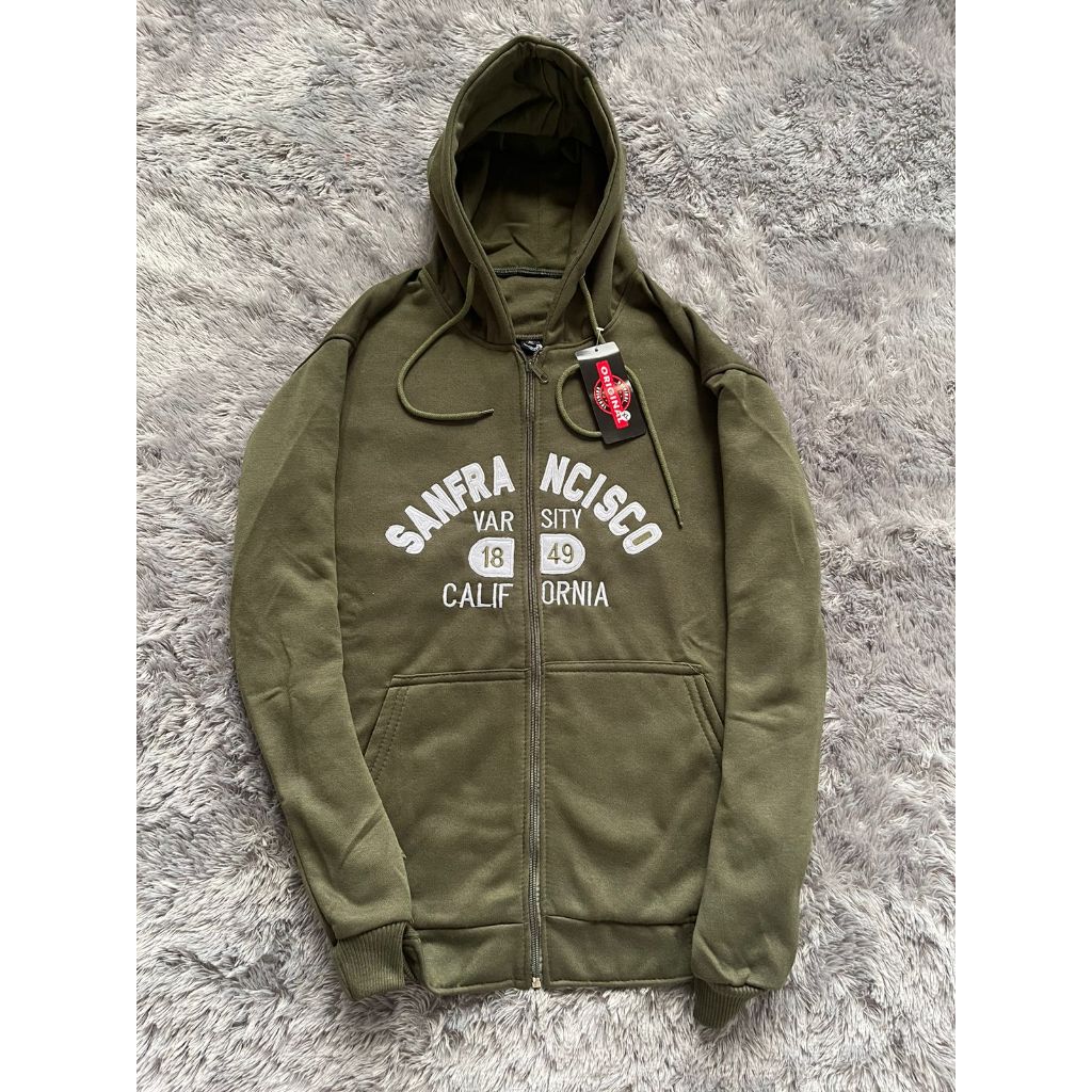 Jaket STM Hoodie WHO AU Zipper Sanprancisco Hijau Army Full Tag Tulisan FULL Bordir Premium Unisex