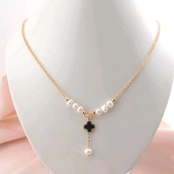 Kalung Wanita Korean Style Bunga Clover Viral Mutiara Asli Lombok lapis emas 18k