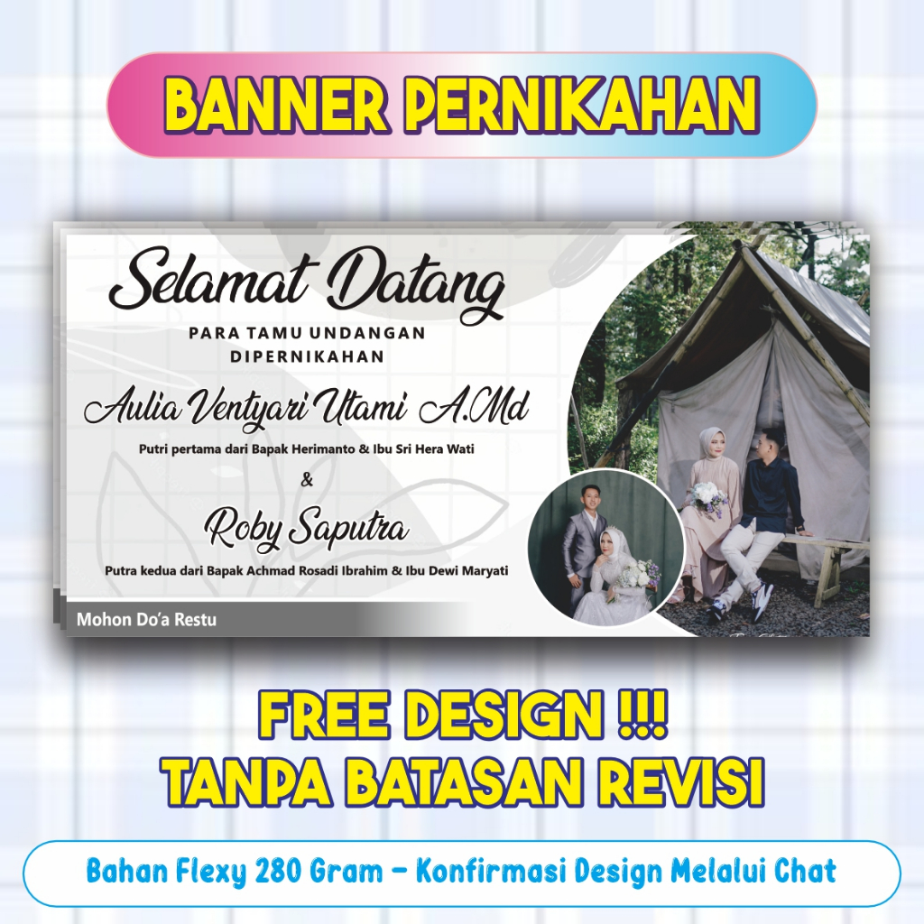 Cetak Banner / Spanduk  Pernikahan / Selamat Datang / Mohon Doa Custom Restu Free Desain