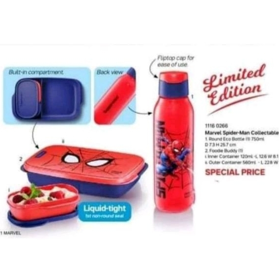 Tempat bekal anak Tupperware SPIDERMAN LUCH SET tepak sekat dan botol 750ml