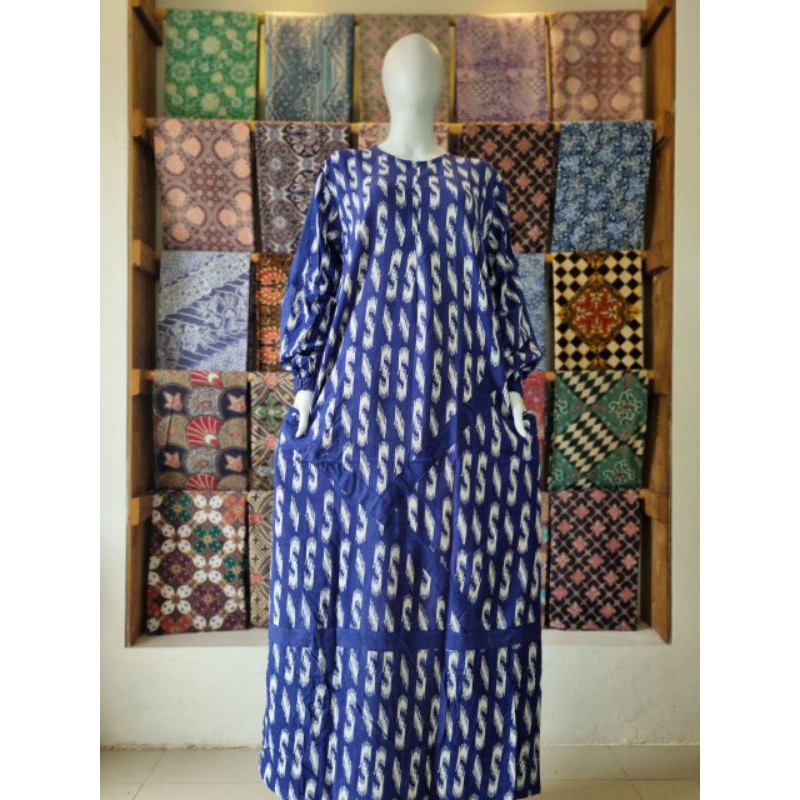 Gamis Biru Putih List Ld 110 120 Pb 140 Jumbo Busui Saku Samping Rayon Premium Candi Mekar XXL XXXL 