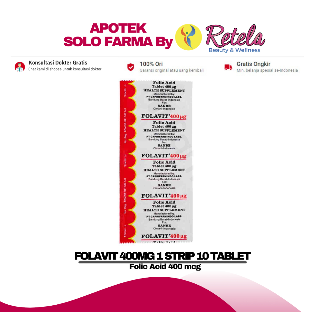 FOLAVIT 400MG 1 STRIP 10 TABLET ( Folic Acid 400 mcg )