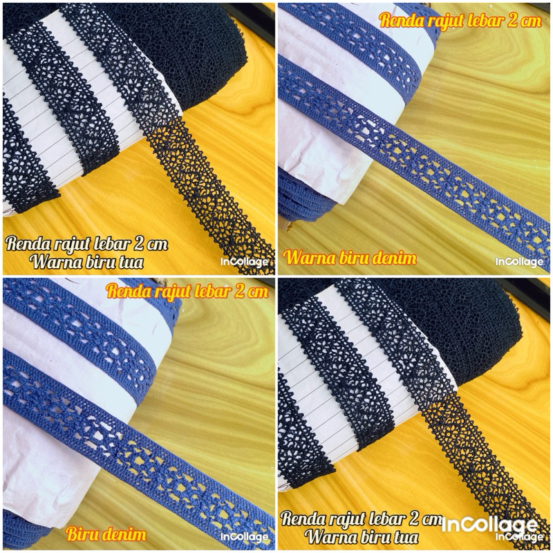 per rol 15 yard renda rajut warna biru denim lebar 2 cm