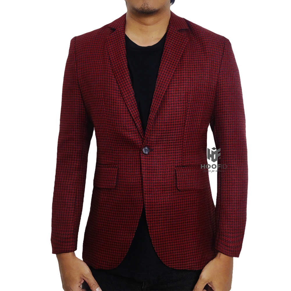 jas pria blazer pria merah tartan houndstooth semi wool slimfit terbaru