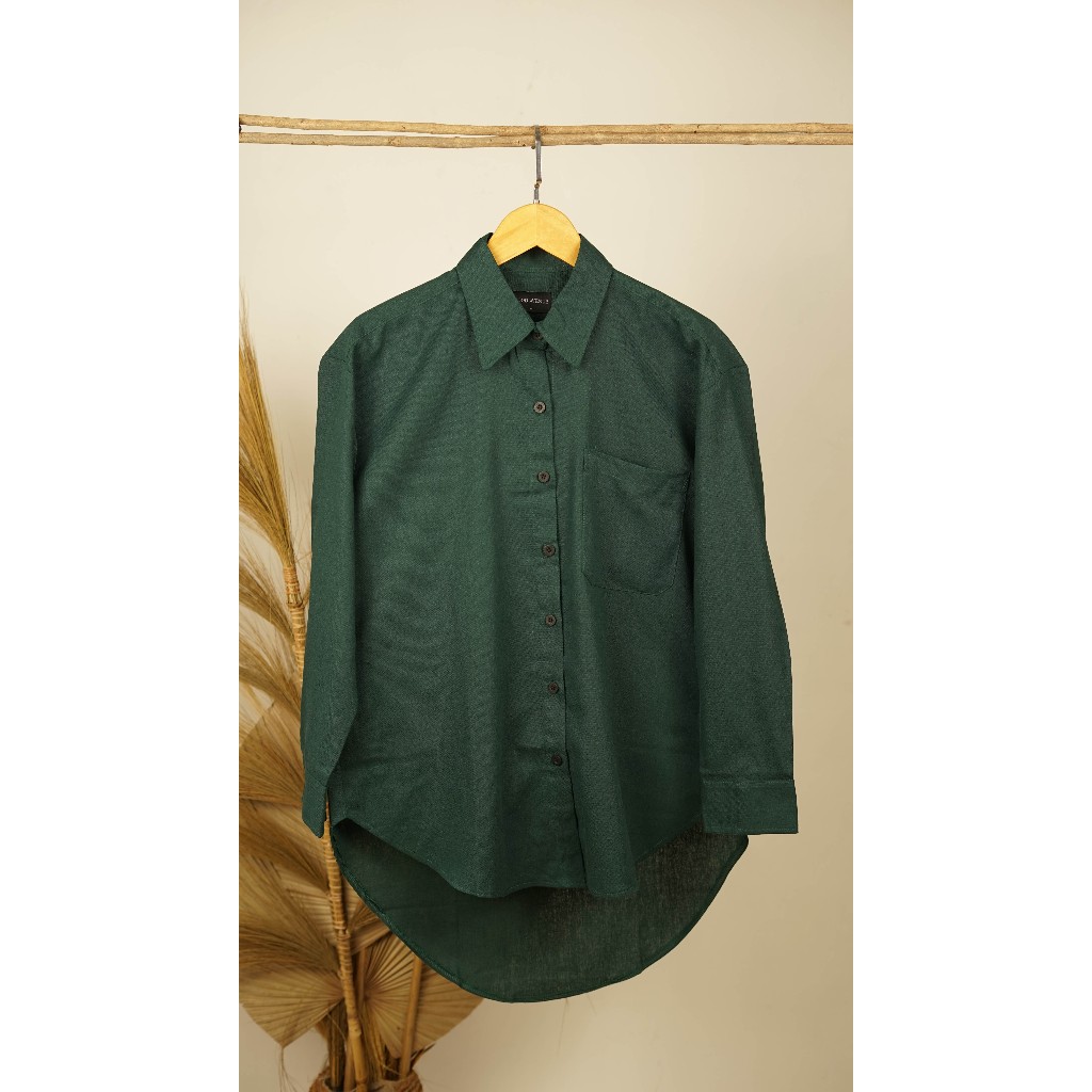 (LANA) KEMEJA / BAJU WANITA KATUN LINEN OVERSIZE HIJAU BOTOL