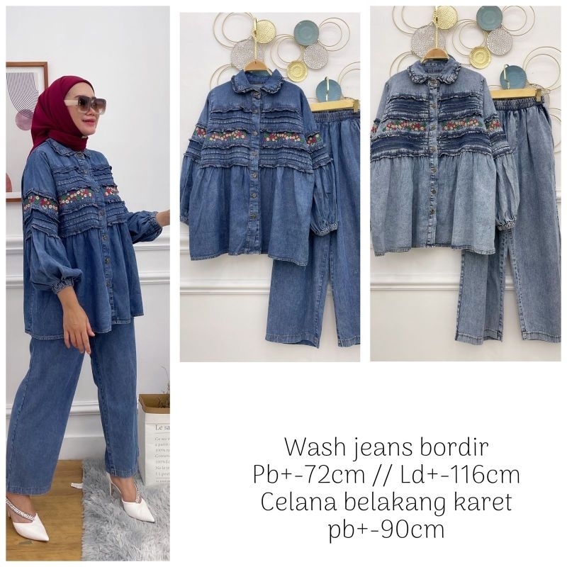 Zoya Kulot Jeans Set setelan blouse celana panjang wanita muslimah casual cewe  bordir fit to XXL ne