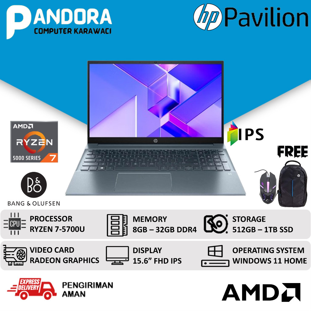 HP PAVILION 15 AMD RYZEN 7 5700U 16GB 1TB SSD RADEON 8 15.6" FHD IPS WIN11HOME BLUE