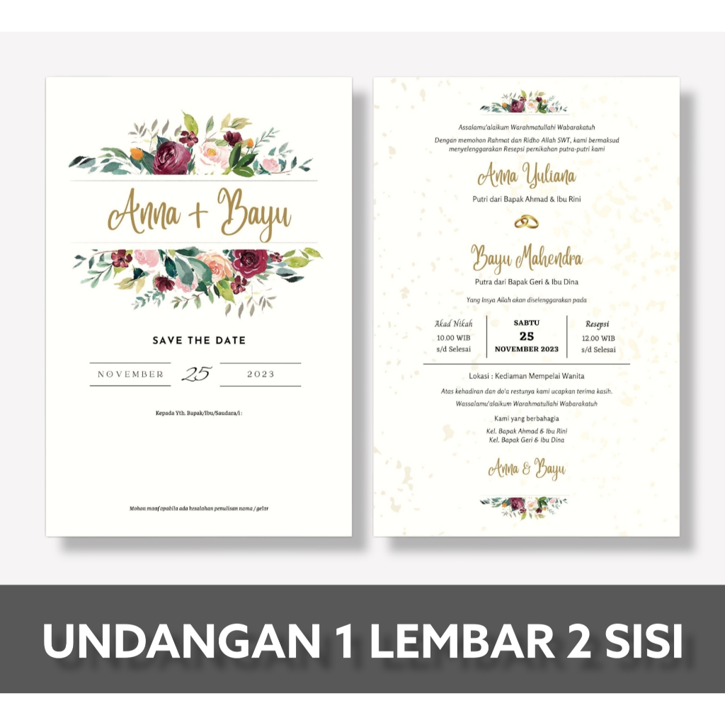 Undangan Pernikahan 1 Lembar 2 Sisi BC TIK