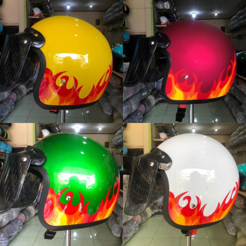 HELM BOGO RETRO MOTIF CUSTOM PREMIUM BUSA FULL BUSA BISA DI LEPAS(custom fire)