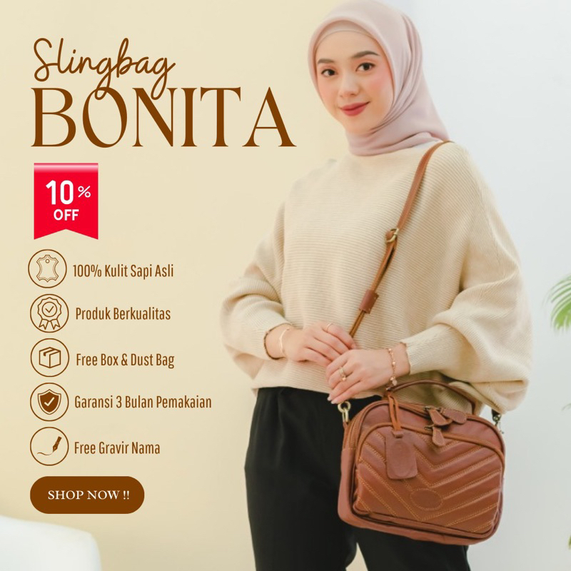 TAS WANITA KULIT SAPI ASLI BONITA / TAS SELEMPANG DAN JINJING / GRATIS GRAVIR NAMA