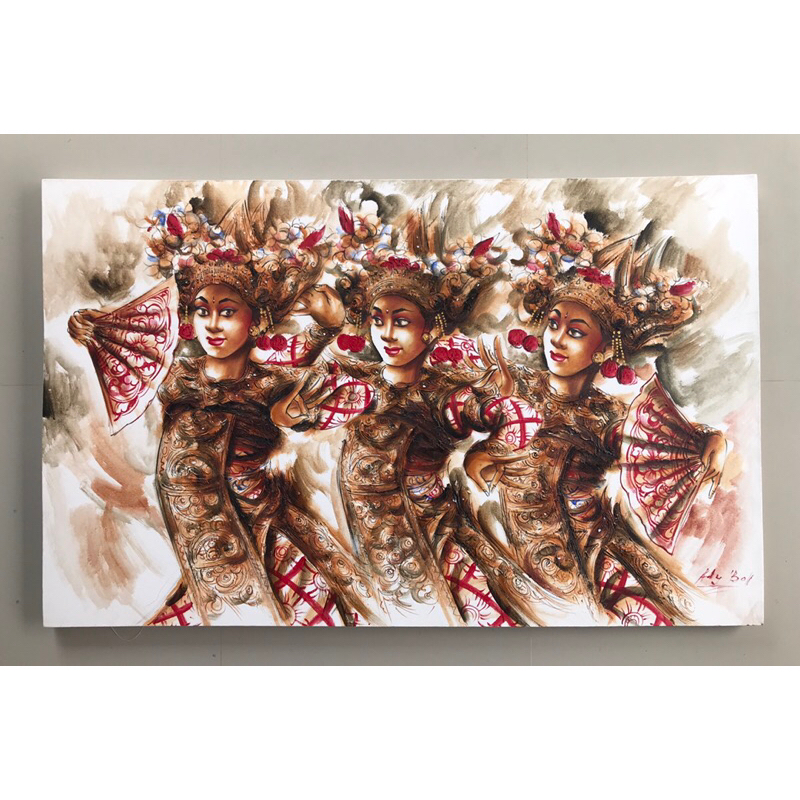 Lukisan Legong Keraton, Legong Bali, Lukisan Kanvas, Hiasan Dinding Ukuran 135 x 85 cm , 100% Buatan
