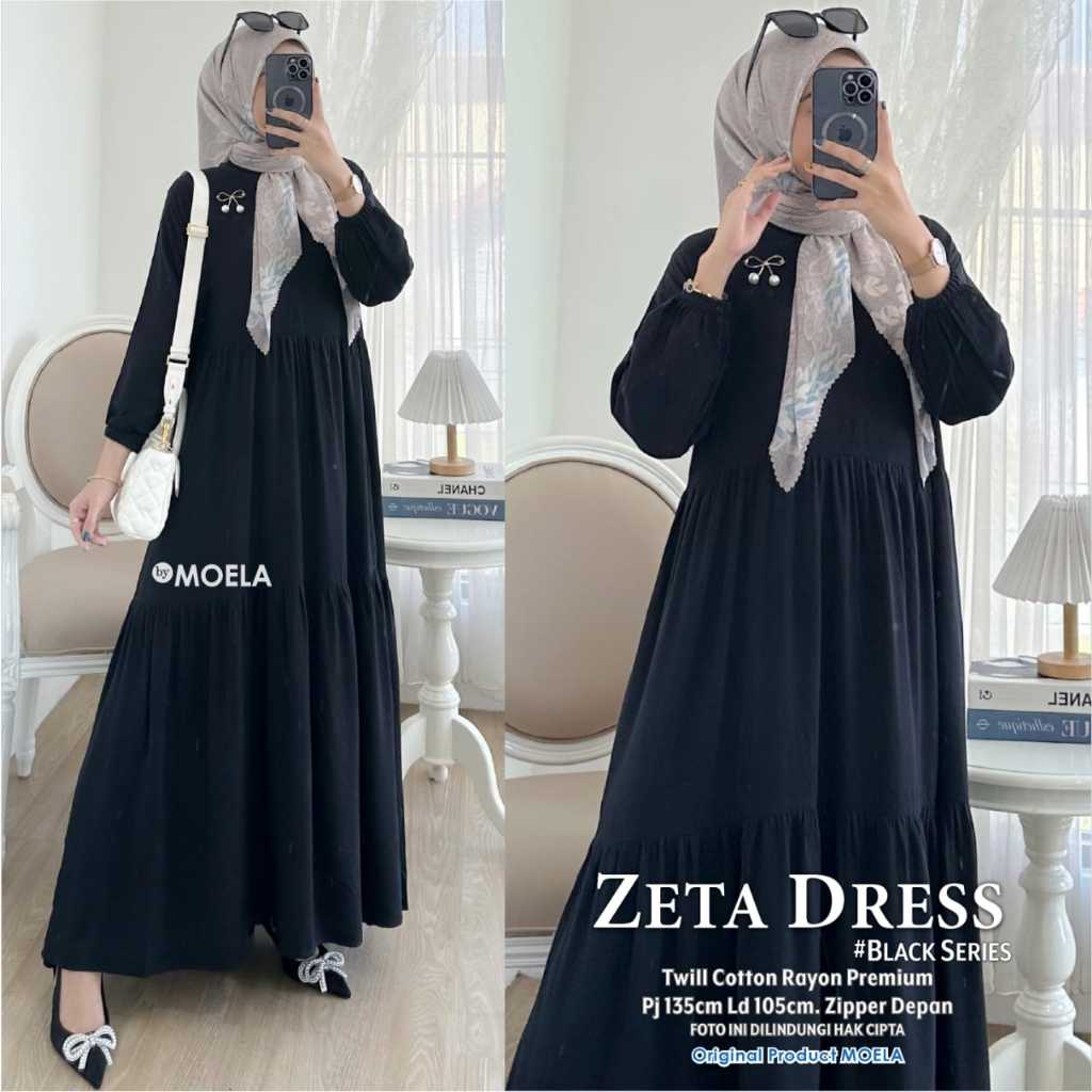 Gamis hitam polos moela seri zeta dress bahan twill rayon
