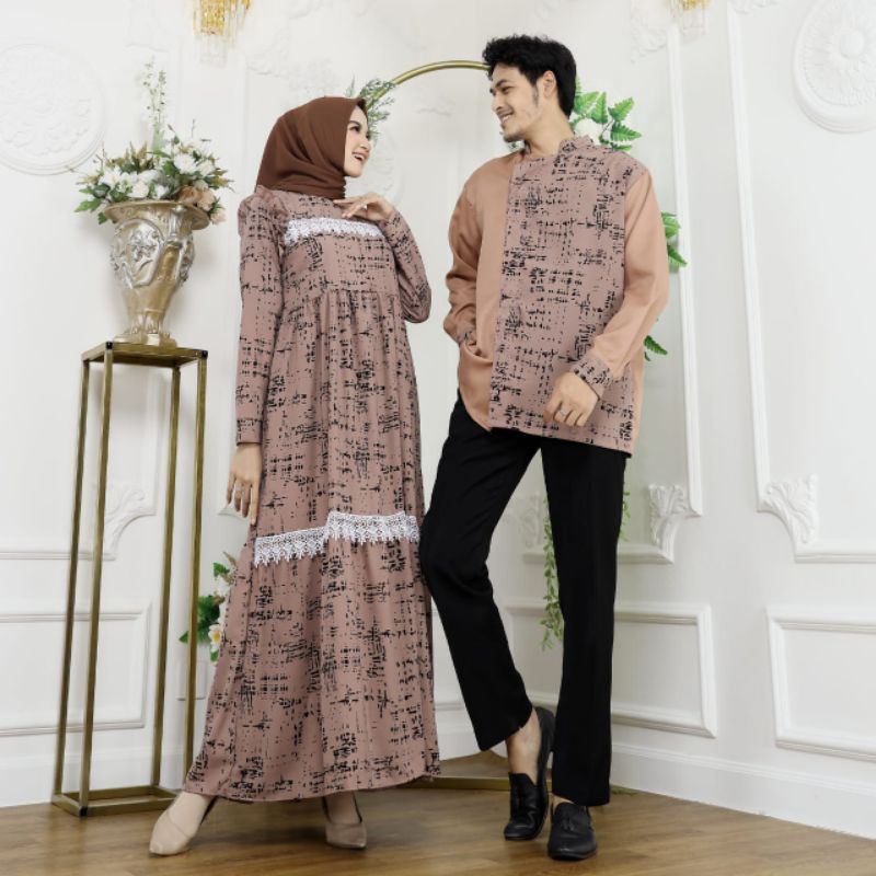 Baju Couple Tunangan Kekinian Elegan Mewah Pasangan Muslim Wanita Kondangan Brukat Furing Alazka