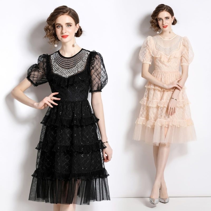 midi dress vintage klasik classic old style paris france europe dress ruffle layer dress black peach