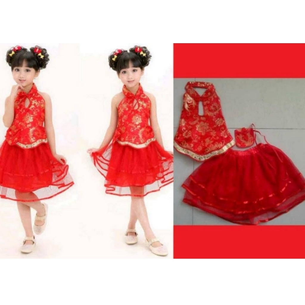 Setelan Cheongsam  Anak Red Gold / Dress Cheongsam Anak /Dress Merah Anak/Dress Anak Perempuan