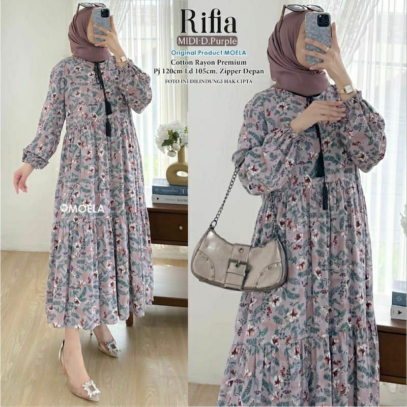 Rifia Midi By Moela - Midi Dress Rayon XL Ld110 Motif Bunga Bahan Adem Zipper Depan Best Seller