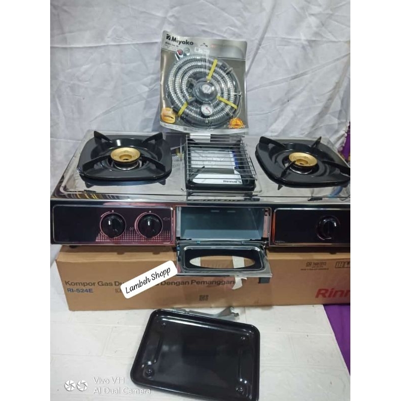 Kompor Gas merk RINNAI seri RI-524 E.  2 tungku dan 1 tungku panggang  bahan stainless steel Set kom