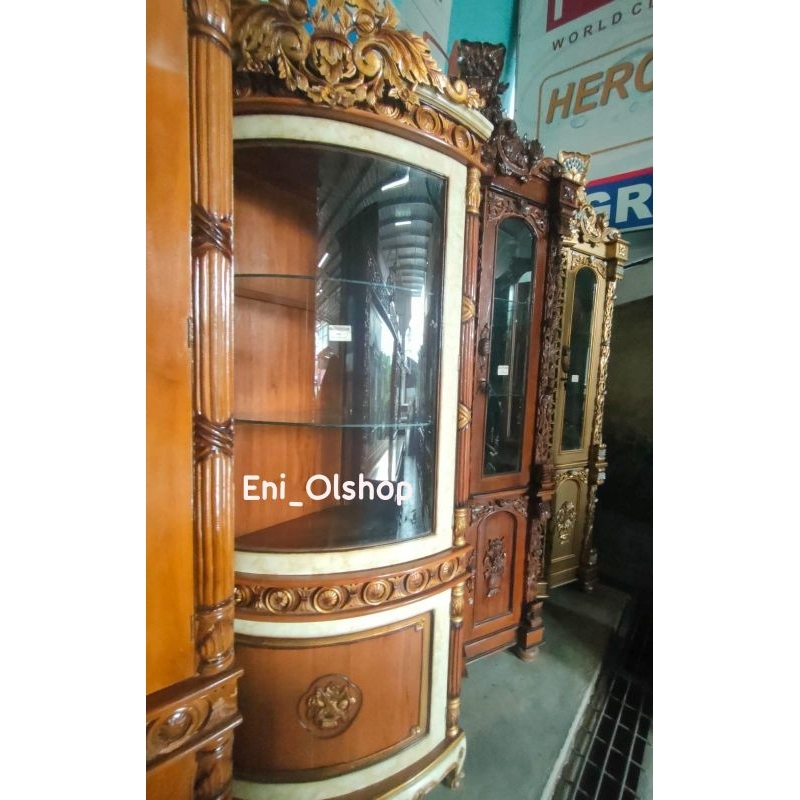 LEMARI HIAS SUDUT KAYU JATI JEPARA DISEMPROT GOLD, PUTIH MARMER