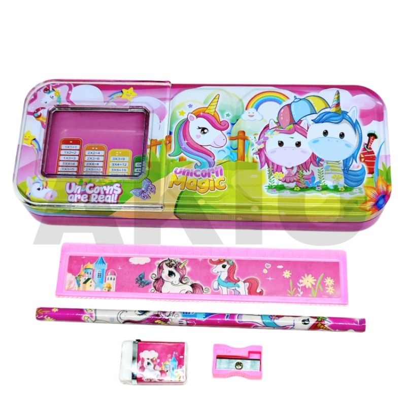 

Tempat Pensil Anak Set Alat Tulis 2 Susun Karakter UNICORN PONY PEGASUS Kaleng Besi Murah B699