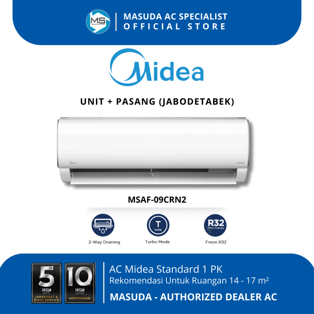AC Midea 1 PK Standard MSAF Series MSAF-09CRN2 | Indoor Outdoor Gold Fin | + Pasang