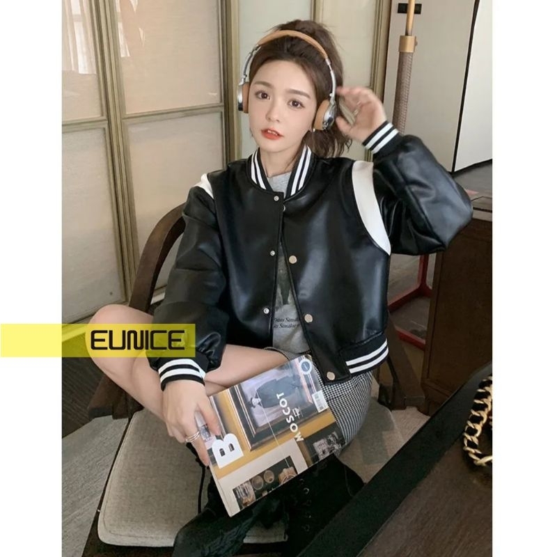 Jacket Kulit Wanita Varsity Crop Baseball Two Tone